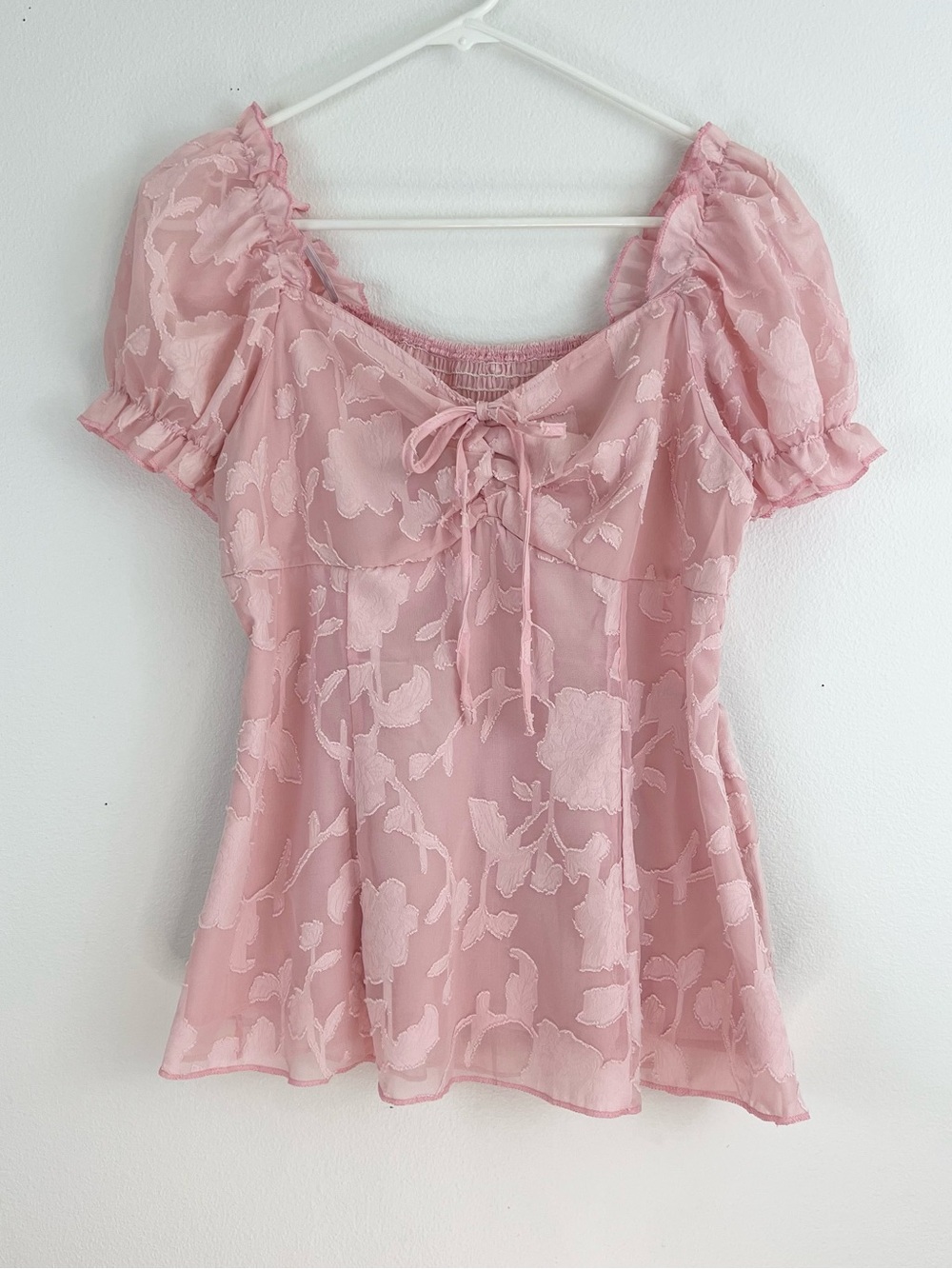 Floral Coquette Babydoll Top Romantic Sweetheart Neckline Puff Sleeve L